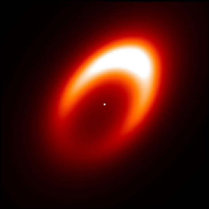 © J. Varga et al-A HD 163296 csillag körüli korong vázlatos képe infravörös fényben, a MATISSE-megfigyelések alapján. A középen lévő pont a csillag, amit egy porgyűrű vesz körül. A felső részen látható fényes rész a feltételezett örvény, ahol egy új bolygó keletkezhet.