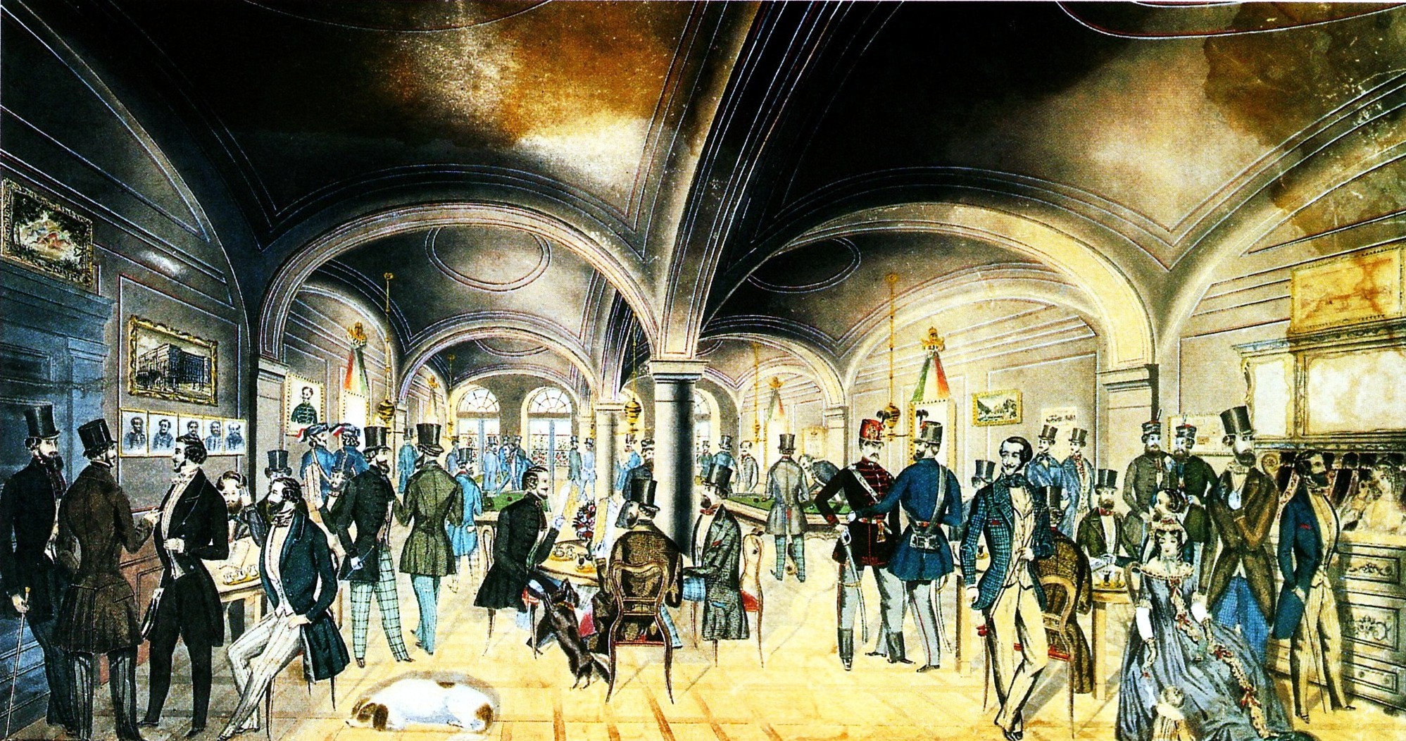 Wikipedia-Az 1848-as forradalmi események egyik színhelye, a pesti Pilvax kávéház. Preiszler József színezett tollrajza