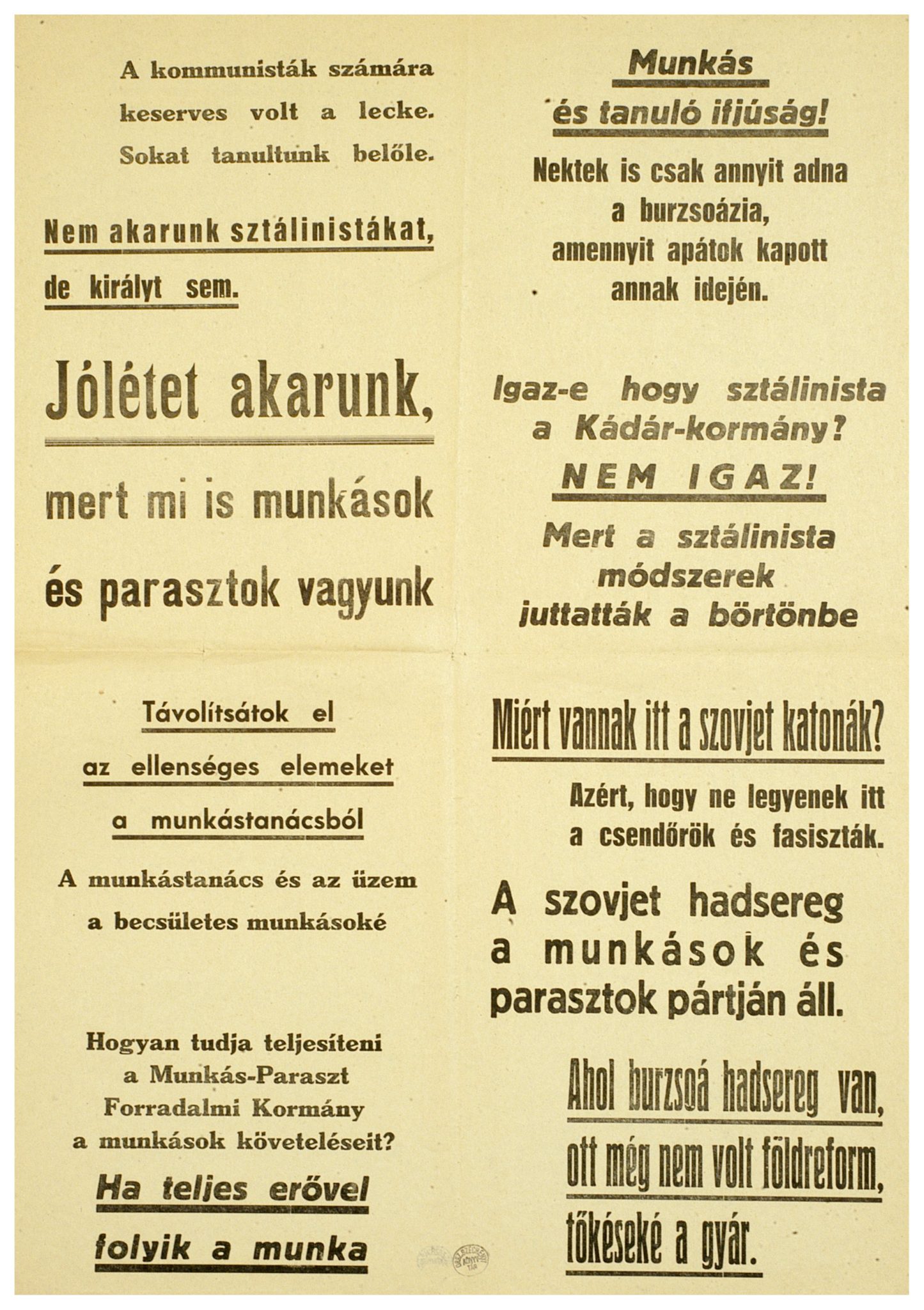 Országos Széchényi Könyvtár, Térkép-, Plakát- és Kisnyomtatványtár-"A kommunisták számára keserves volt a lecke" - olvasható a korabeli szöveges plakáton