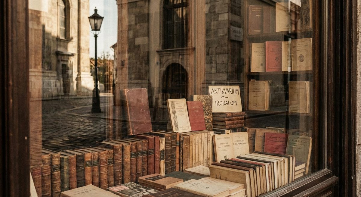 Könyvek egy budapesti antikvárium kirakatában