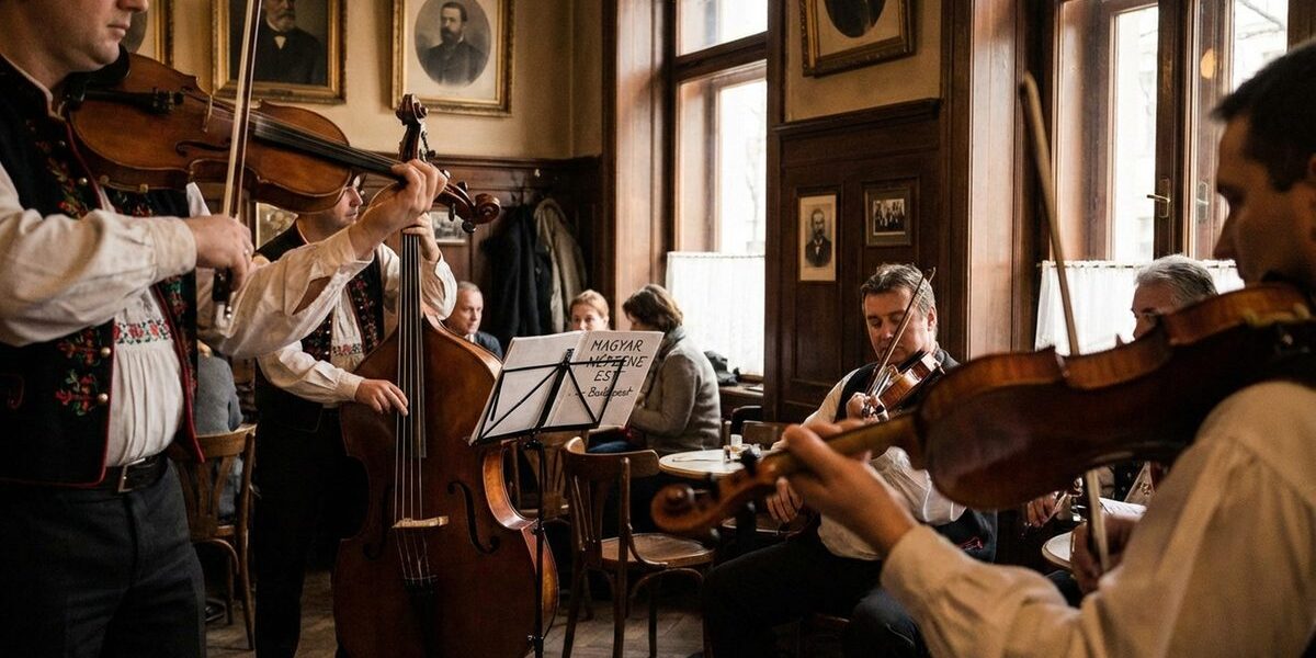 Magyar nepzeneszek hegedun jatszanak