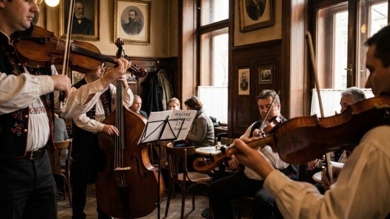 Magyar nepzeneszek hegedun jatszanak