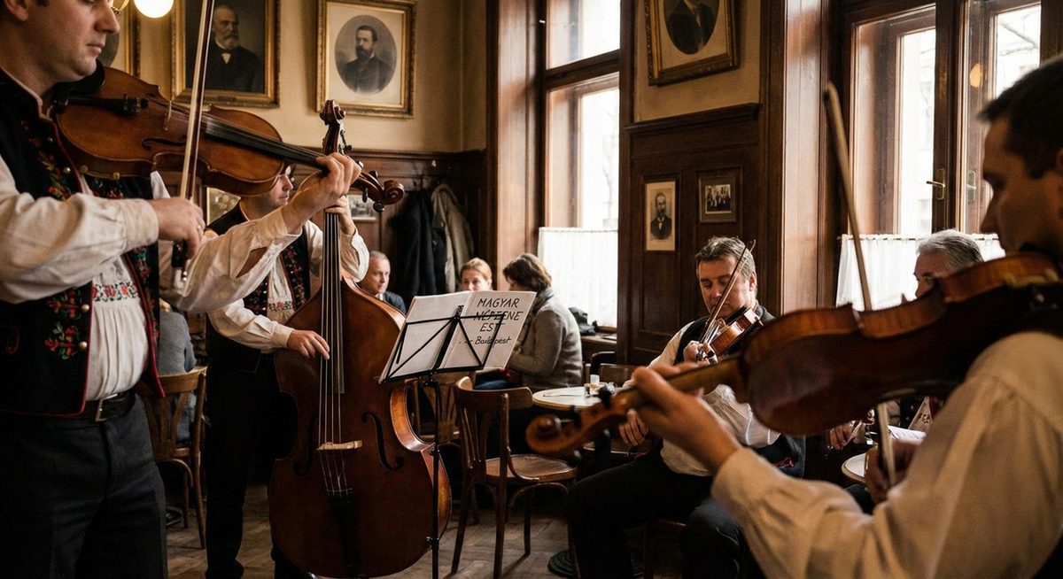 Magyar népzenészek hegedűn játszanak