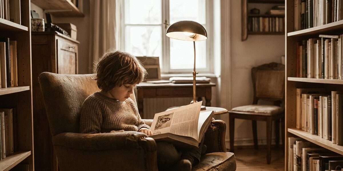 Gyermek könyvet olvas lámpafényben