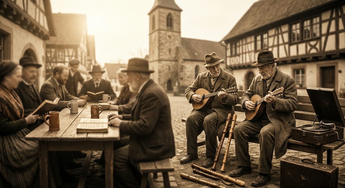 Népzenegyűjtés faluban régi fotografián