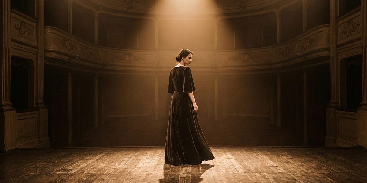 Színésznő színpadon reflektorfényben