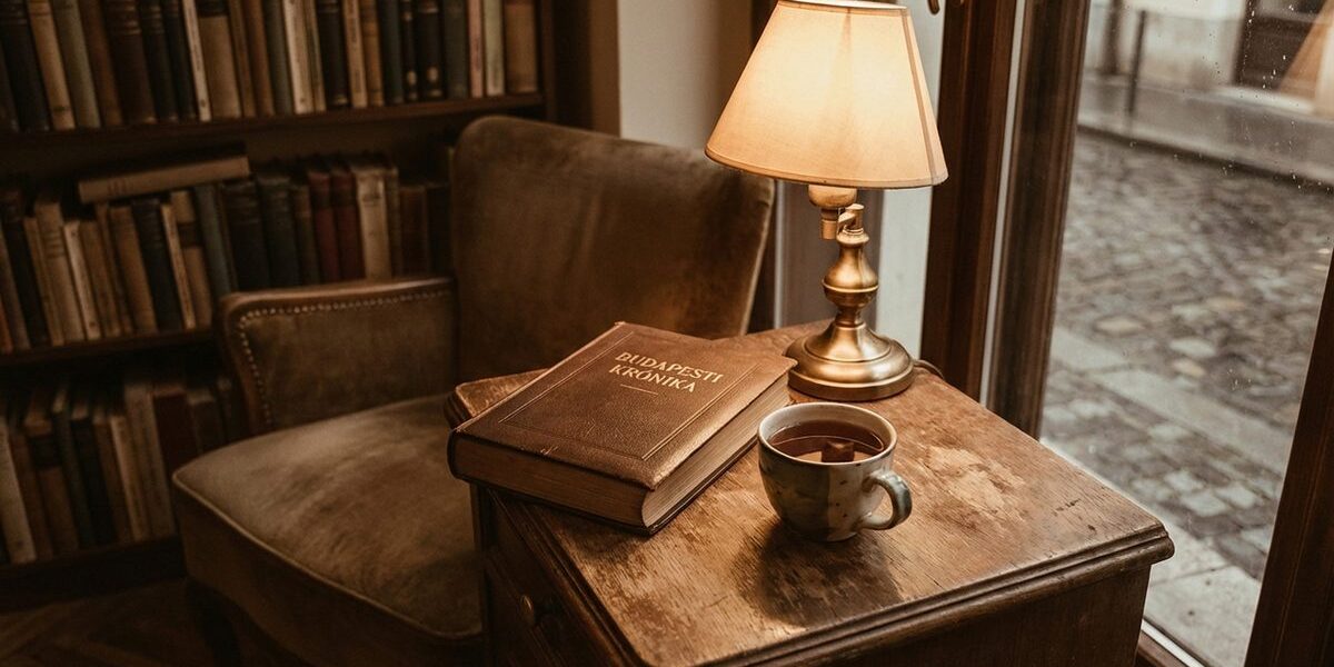 Könyv és tea egy éjjeliszekrényen lámpafényben