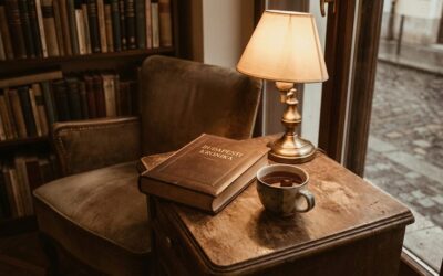 Könyv és tea egy éjjeliszekrényen lámpafényben