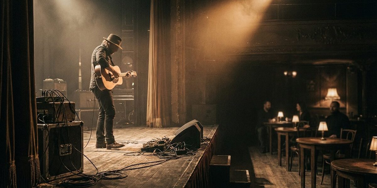 Gitáros színpadon spotlámpák fényében