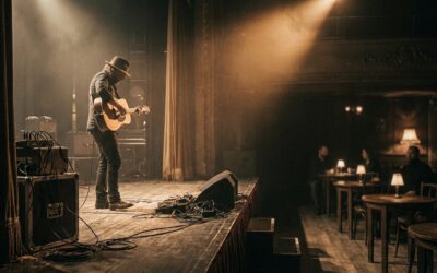Gitáros színpadon spotlámpák fényében