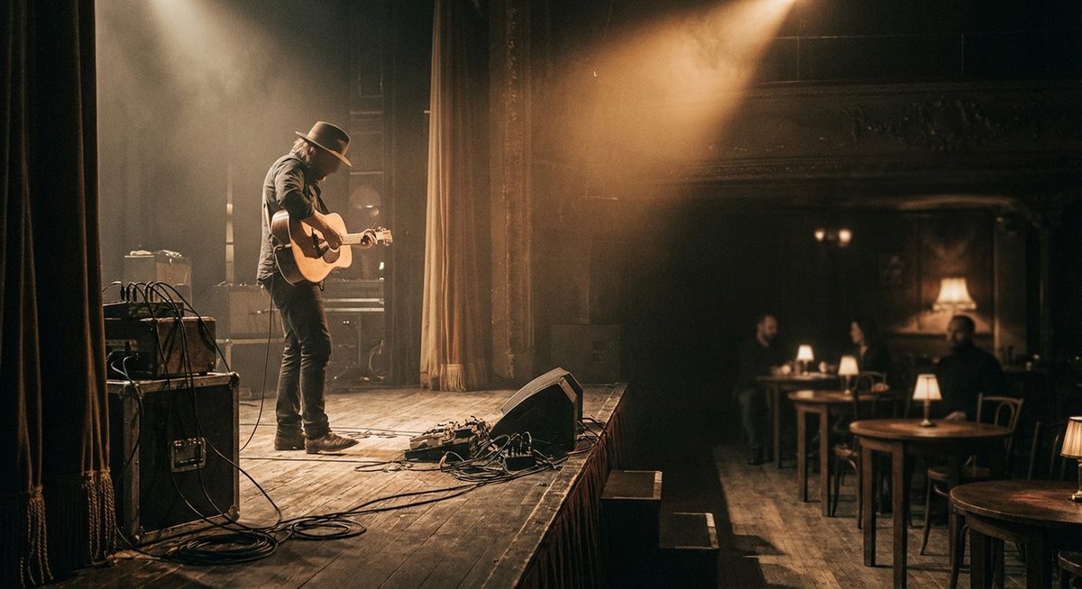 Gitáros színpadon spotlámpák fényében