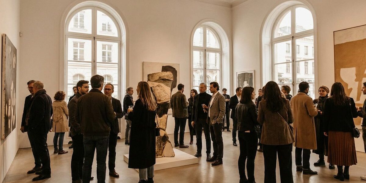 Látogatók egy modern művészeti kiállításon