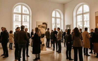 Látogatók egy modern művészeti kiállításon