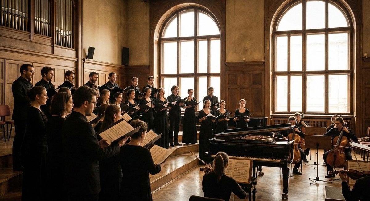 Kórus éneklés közben egy koncertteremben