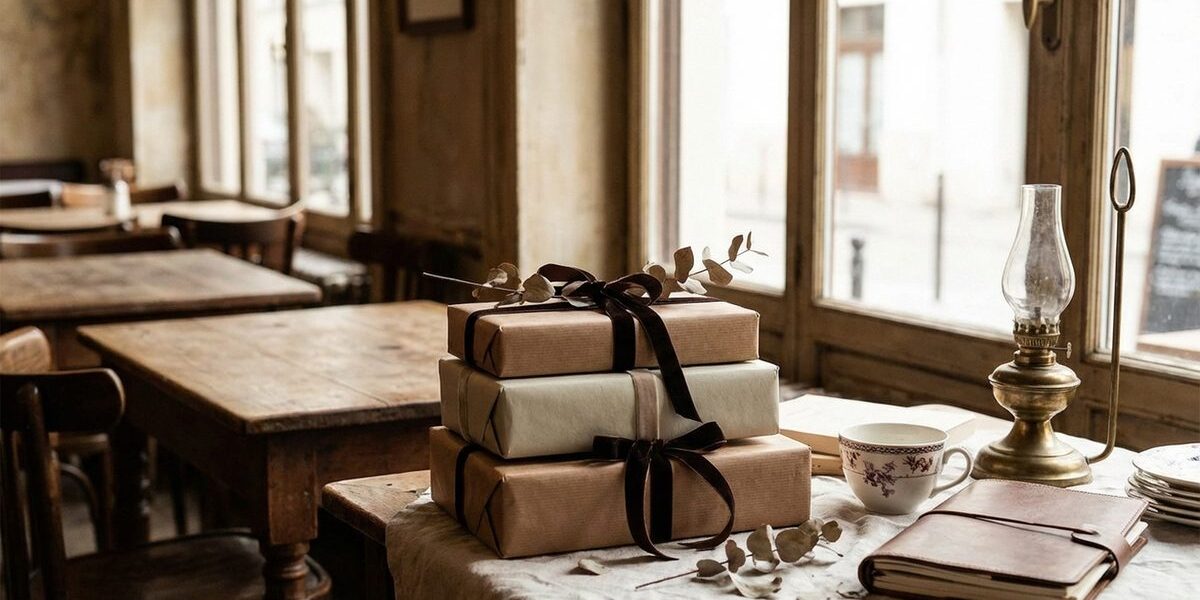 Szépen becsomagolt könyvek szalag díszítéssel