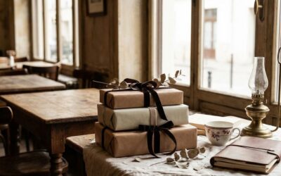 Szépen becsomagolt könyvek szalag díszítéssel