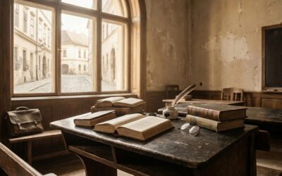 Régi könyvek egy iskolai padban