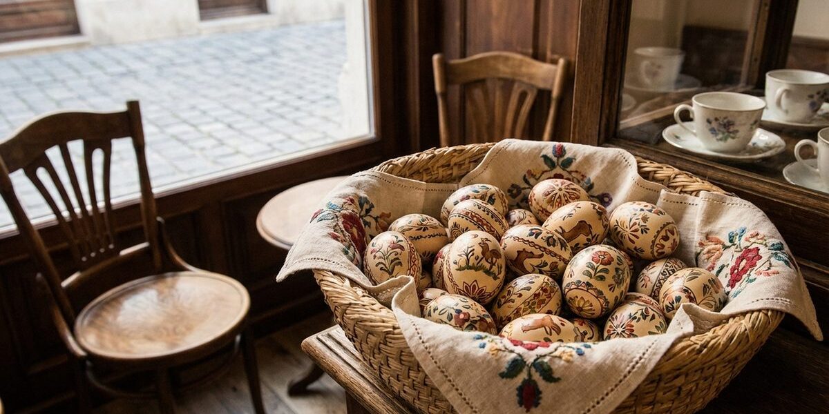 Hímestojások színes mintákkal kosárban