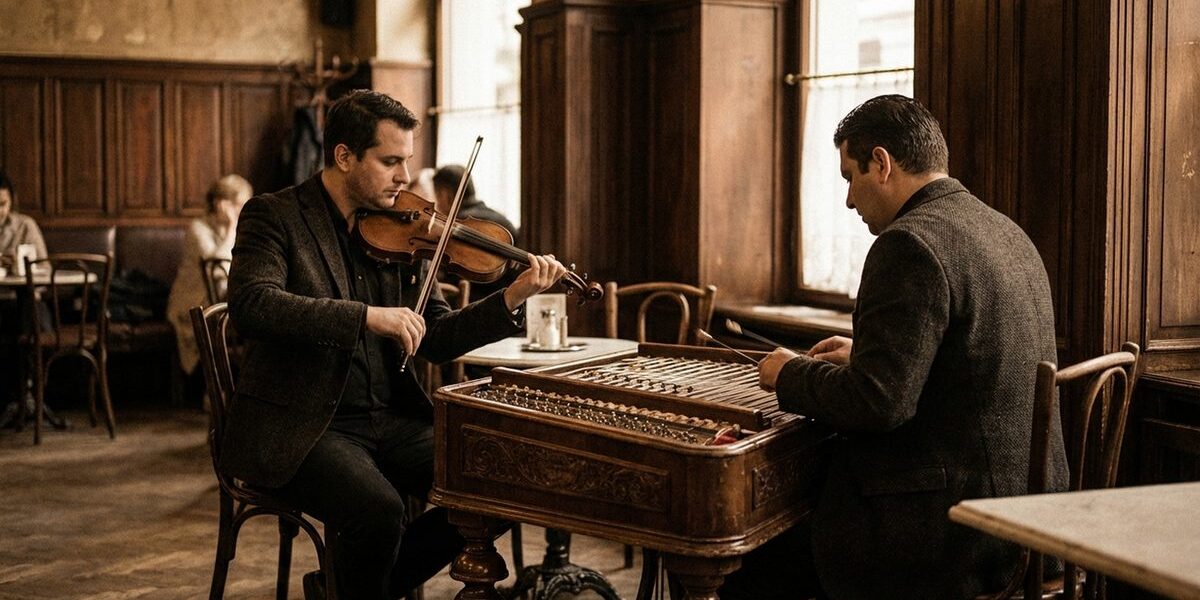 Népi zenészek hegedűn és cimbalmon játszanak