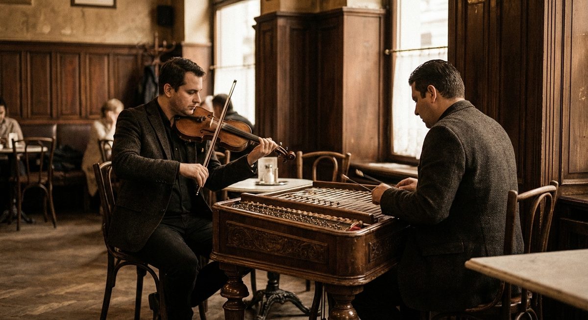 Népi zenészek hegedűn és cimbalmon játszanak