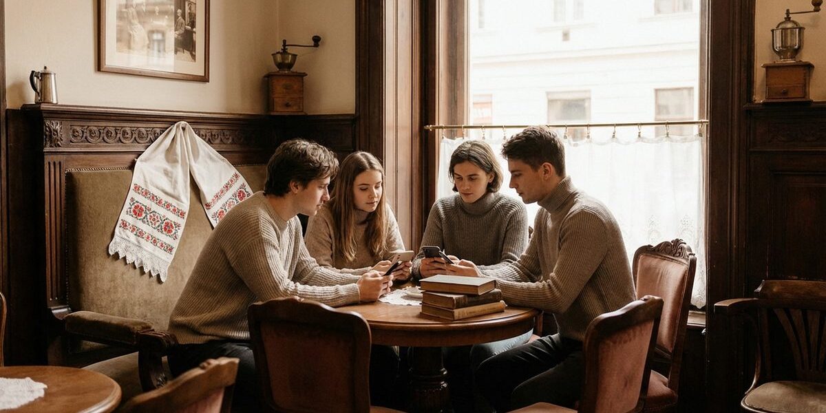 Fiatalok mobiltelefonnal egy kávézóban