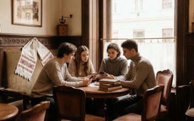 Fiatalok mobiltelefonnal egy kávézóban