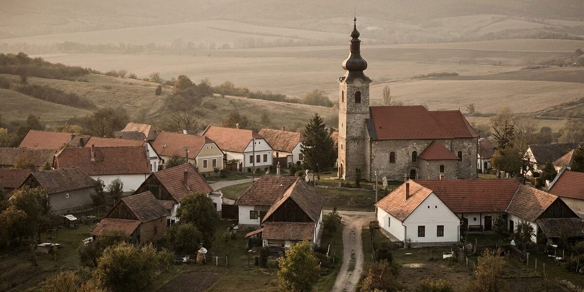 Magyar falu látképe templomtoronnyal