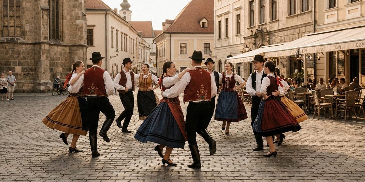 Néptáncosok színes népi ruhában táncolnak