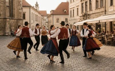 Néptáncosok színes népi ruhában táncolnak